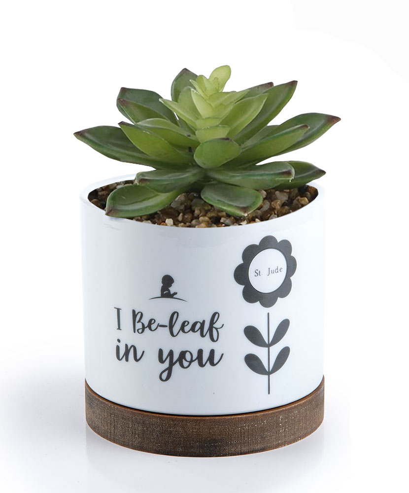 Ceramic Inspirational Planter with Wooden Base